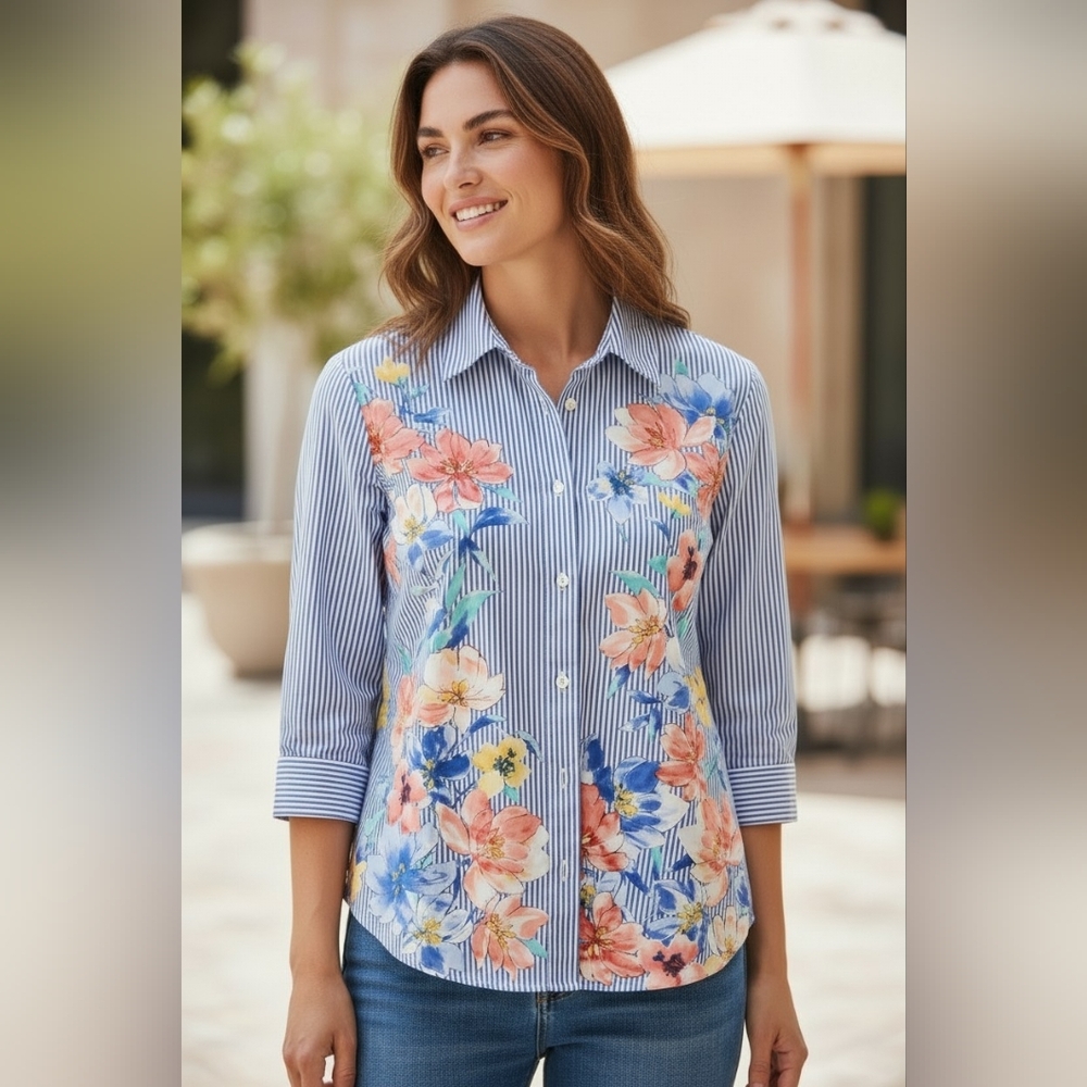 Alfred Dunner Cotton  Blue Striped Floral Button-Front Blouse